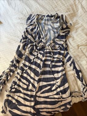 Zebra Print Ruffle Hooded Tunic Dress - Navy & White